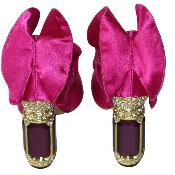 NEW FSJ Hot Pink Satin Pumps with Gemstone Block Heels and Bow Detail Size 8 - Picture 5 of 6